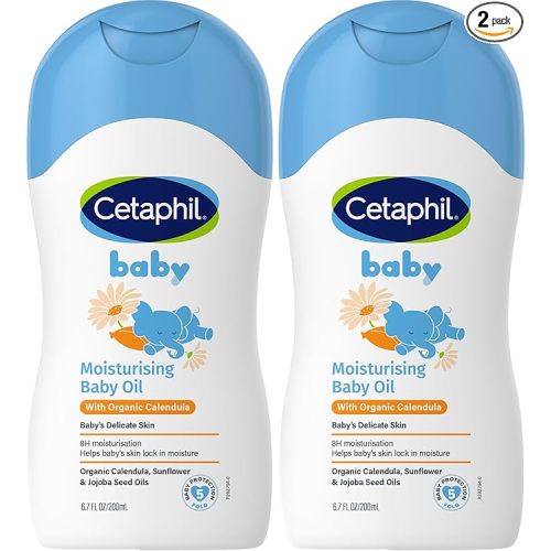 Cetaphil Baby Moisturising Oil with Organic Calendula, 200mL, 8 Hour Hydration, For Face and Body, Paraben Free, Dermatologist Tested (Pack of 2)