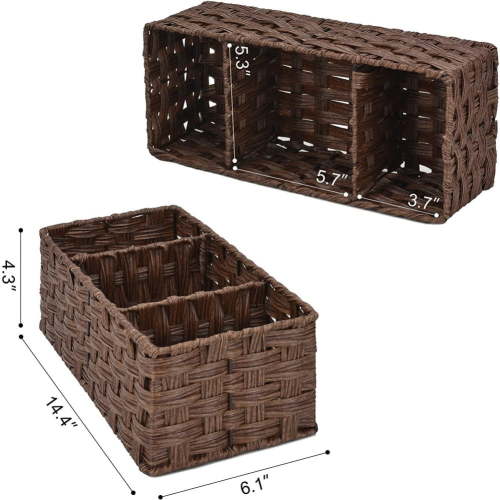 3-Section Wicker Baskets for Shelves, Hand-Woven Water Hyacinth Wicker Storage Basket, Toilet Paper Basket for Toilet Tank Top, Baskets for Organizing Bathroom Kitchen 5.3*14.4*4.3inch