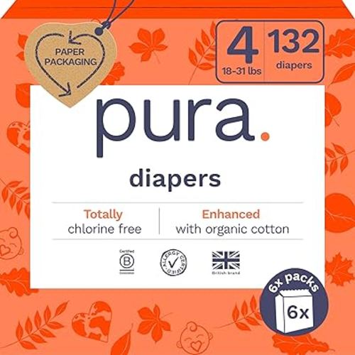 Pura Size 4 Eco-Friendly Diapers (18-31 lbs) Hypoallergenic, Soft Organic Cotton, Sustainable, up to 12 Hours Leak Protection, Allergy UK, Recyclable Packaging, 6 Packs of 22 (132 Diapers)