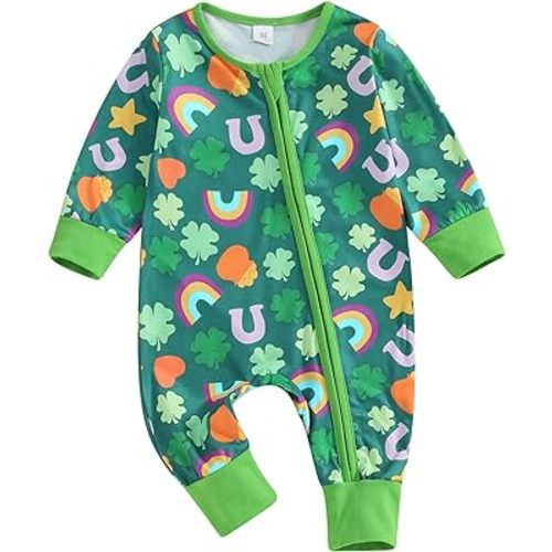 Muasaaluxi Newborn Baby Girl Boy St. Patricks Day Outfit Four Leaf Clover Romper Green Long Sleeve Bodysuit Jumpsuit