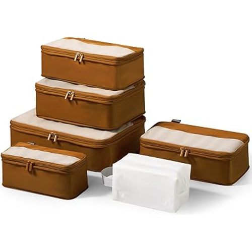 6 Set Compression Packing Cubes for Travel Essentials, Luggage Organizers for Suitcases (Dark Brown)