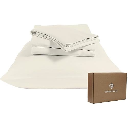 BIOWEAVES 100% Organic Cotton Sheets King Sateen Weave - Smooth, Soft & Silky, 300 Thread Count GOTS Certified Organic Sheets King with 17” Deep Pockets – 4 Piece Set, Natural