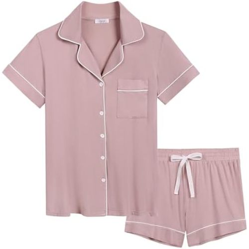 Cherrydew Women Bamboo Viscose Super Soft Comfy Summer Cooling Short Sleeve Button Down Pajama Shorts Set S-XXL