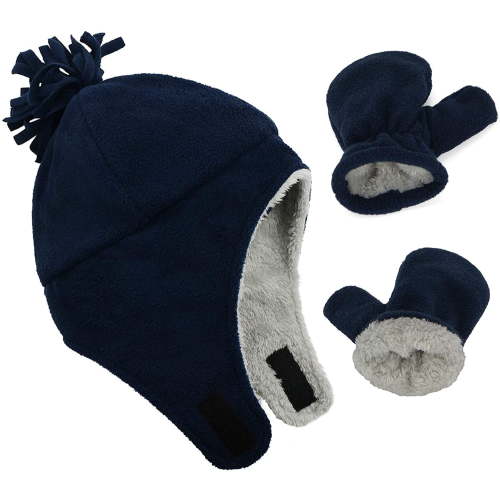 Zando Baby Kids Winter Hats and Gloves Sets for Boys Warm Polar Fleece Earflap Beanie Hat Navy 1-2T