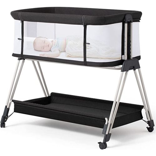 Fodoss Baby Bassinet Bedside Sleeper with Wheels and Storage Tray,4-Sided Mesh Bedside Bassinet Co Sleeper for Infant/Newborn,7 Height Adjustable Easy Folding Bedside Crib