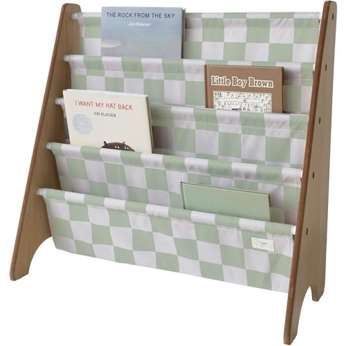3 Sprouts Recycled Fabric Kids Bookshelf – 4-Tier Sling Book Rack Organizer - Nursery Room Playroom Classroom Wooden Book Shelves - Kid Bookcase Wood Storage Shelf for Toddler Age 3+ - Checkered Green