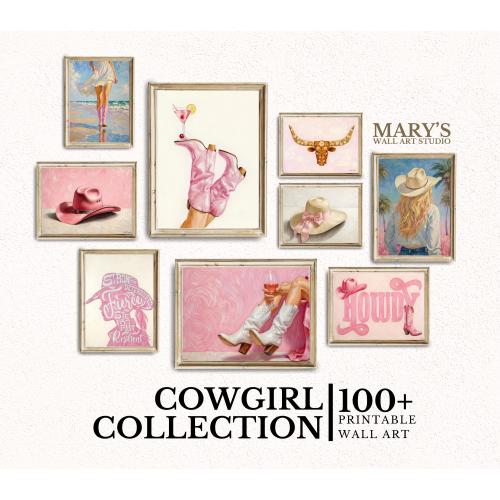 100+ Cowgirl Preppy Digital Wall Art Bundle | Aesthetic Printable Art | Western or Y2K Room Decor | Trendy Posters for Dorms Homes Pink girl