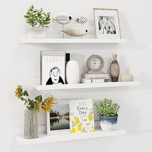 Axeman 3-Pack Contemporary Floating Ledge Shelves, 24 Inch, White, Wall Mount, Picture Shelf, Bookshelf