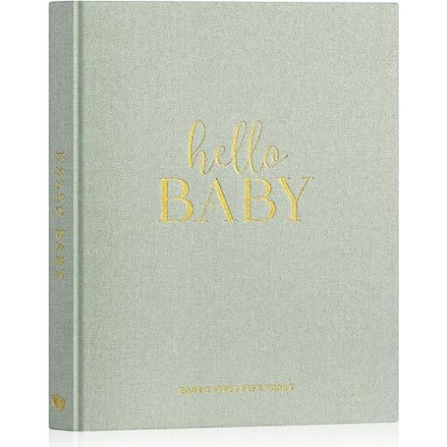 Lanpn Hello Baby First 5 Year Memory Book for Boy Girl - Linen Hardcover Baby Book Keepsake for New Parents - Newborn Baby Journal Scrapbook Photo Album Baby Milestone Book (Sage Green, 154 Pages)