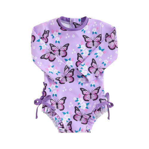 Musuos Baby Girl’s Swimwear, 6 12 18 24M 3T Long Sleeve Flower Butterfly Print Bow Summer Swimming Bathing Swimsuit