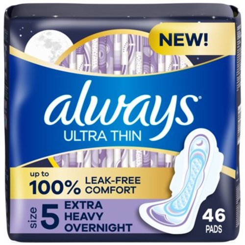 Always Ultra Thin Overnight Pads with Wings, Size 5, Extra Heavy Overnight Absorbency, 46 CT