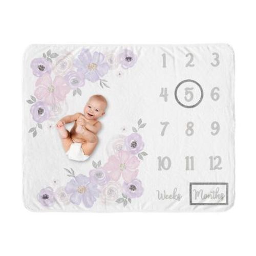 Sweet Jojo Designs Girl Milestone Swaddle Baby Blanket Watercolor Floral Purple Grey And Pink