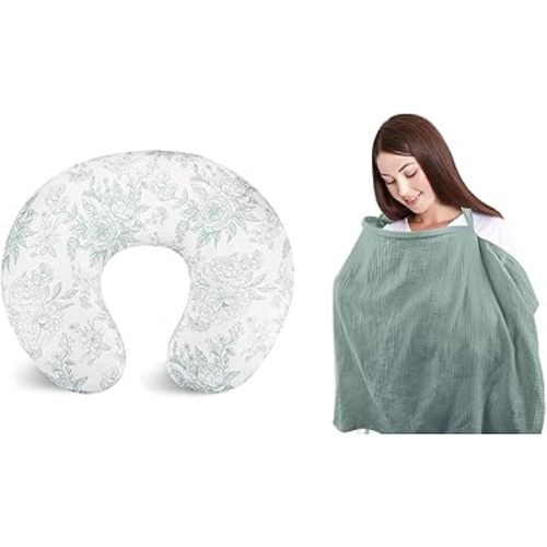 Nursing Pillow Cover Green Flower for Boys & Girls & Nursing Covers for Breastfeeding Green