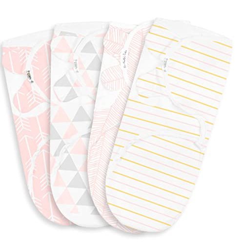 BaeBae Goods Swaddle Blanket, Adjustable Infant Baby Swaddling Wrap Set of 4, Baby Swaddling Wrap Blankets for Boys and Girls Made in Soft Cotton (0-3 Months, Pink/Gold Stripes)