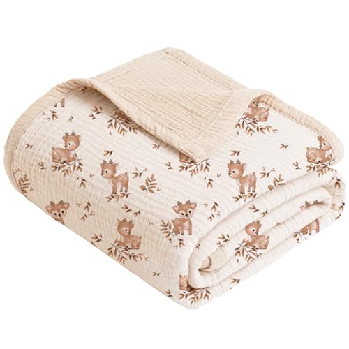 Konssy Muslin Baby Blankets, 100% Cotton Quilt Blankets for Baby Infant Toddler, Soft and Lightweight Nursery Crib Blanket for Baby Boys and Girls 43"x40" (Deer)