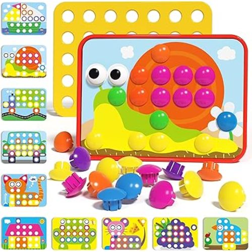 AMOSTING Button Art Toy – Educational Color Matching Mosaic Pegboard Sensory Learning Activity for Kids Age 3 4 5, Preschool Gift for Toddlers, Boys and Girls