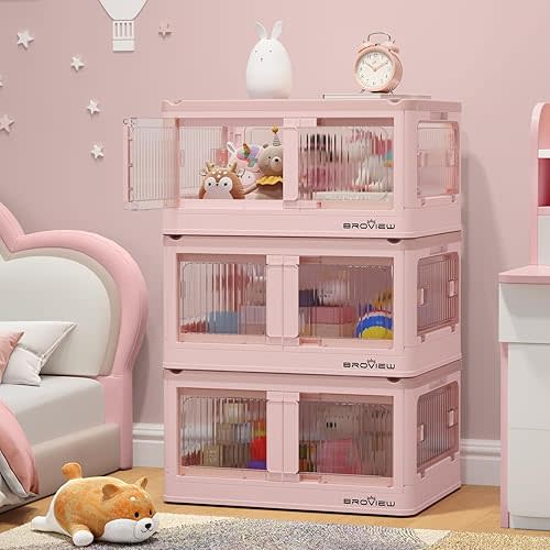 V5 25 Gal Plastic Storage Bins with Lids, Stackable Collapsible Storage Bin for Closet Organizers and Storage, Folding Storage Container Cabinets with Five Doors and Wheels, 3 Pack Pink