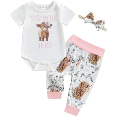 Omkzanbi Newborn Baby Girl Clothes New to the Herd Bodysuit Highland Cow Jogger Pants Bow Western Cowgirl Coming Home Outfit