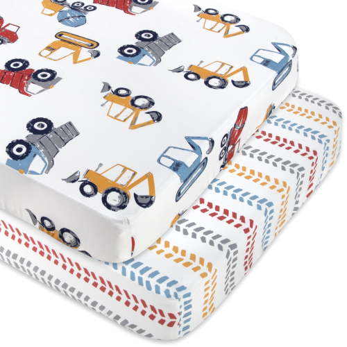 Baby Essentials 2 Pack of 52L x 28W Standard Microfiber Patterned Fitted Elastic Baby Crib Sheets for Newborns, Infants and Toddlers Nursery, Crib, Bed and Mattress in Trucks & Tire Tracks