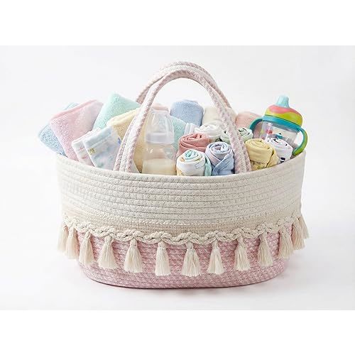 Diaper Caddy Organizer, Stylish Nursery Storage Basket, Baby Shower Basket with Tassel Decorative Appearance, Portable Storage Basket Suitable for Family and Car Travel (pinkish white)