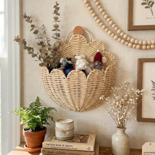 Woven Rattan Wall Basket, Scalloped Flower Organizer, Boho Nursery Decor, Kids Tote Bag, Entryway Mail Storage, Dried Flower Holder