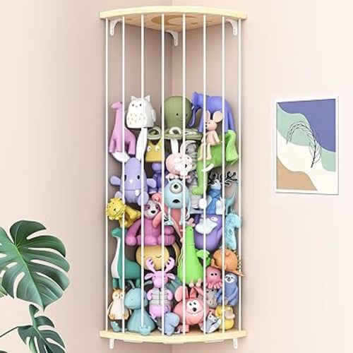 Corner Stuffed Animal Storage Zoo, Large Adjustable Solid Wood Plush Toy Organizer, Hanging Stuffie Holder Shelf & Cage with Engraved Dinosaur Star Moon for Kids Nursery Playroom