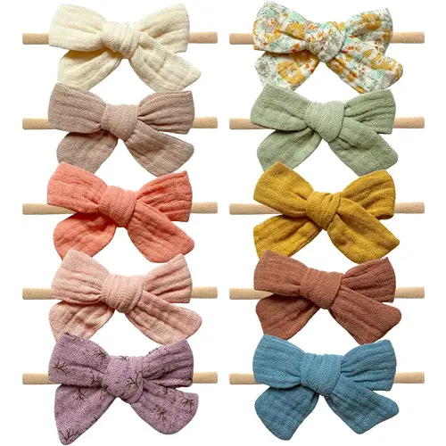 Cherssy Lazos y diademas de muselina para bebé, 10 diademas de nailon suave para recién nacidos, bebés y niños pequeños