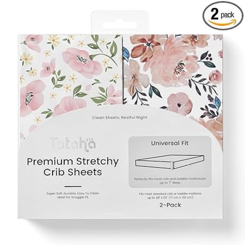 TotAha Premium Stretchy Crib Sheets (2-Pack)-Hypoallergenic, Silky Comfort, Buttery Soft, Calming Effect, All-Season Jersey-Knit Sheets, 9'' Extra Deep Pocket(Meredith Allover Floral & Pale Pink)