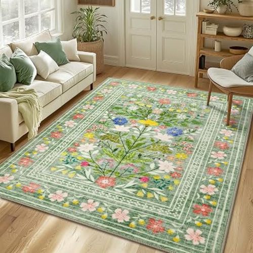 Area Rugs 5x7, Washable Floral Rug Non Slip Vintage Large Soft Carpet Indoor Stain Resistant Thin Carpets for Bedroom Dining Room Farmhouse Nursery Hallway Home Office, Sage Green
