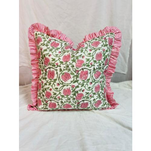 indian block print cotton frill cushion cover, bohemian raffle cushions handmade boho cotton pillow covers floral block throw pillows