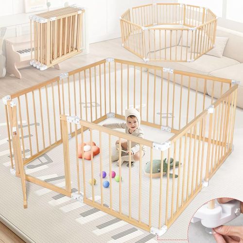 8 Panels Wooden Playpen for Babies and Toddlers, Large Size Foldable Baby Playpen, Adjustable Size and Shape Portable Play Yard, Easy to Assemble(56x56x24 Inch)