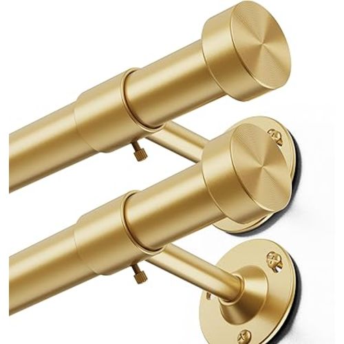 YaFex 2 Pack Heavy Duty Curtain Rods 32-60 Inch, 1 Inch Adjustable Gold Curtain Rod for Windows, Short Window Treatment Rods Set with Aluminium Finials, Modern Design