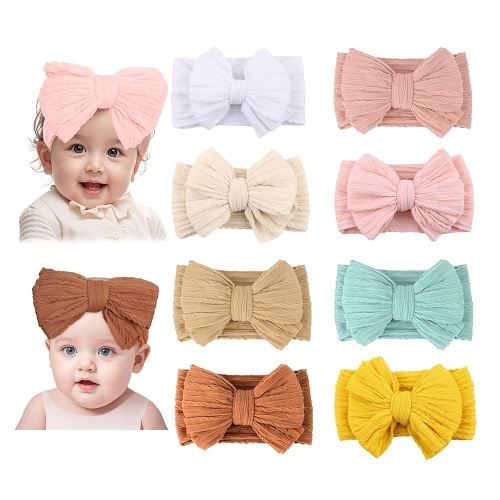 Stretchy Baby Girl Headband Bows, 8 Pack Nylon Hair Bands with Bow for Newborn Infant Toddler (66-01)