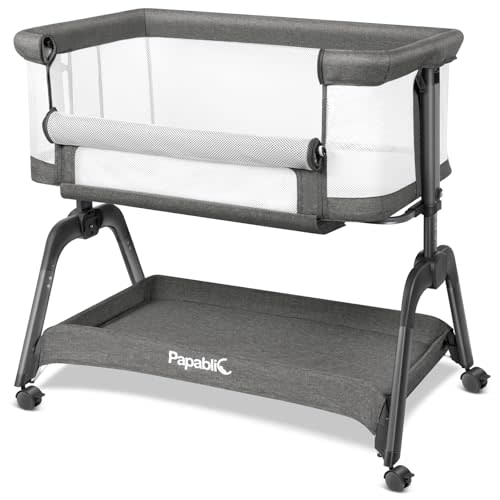 Papablic Baby Bassinet, Bedside Bassinet for Baby with Four-Sided Breathable Mesh & Soft Mattress, Adjustable Bedside Sleeper with Storage Basket and Wheels, Easy to Assemble, Grey