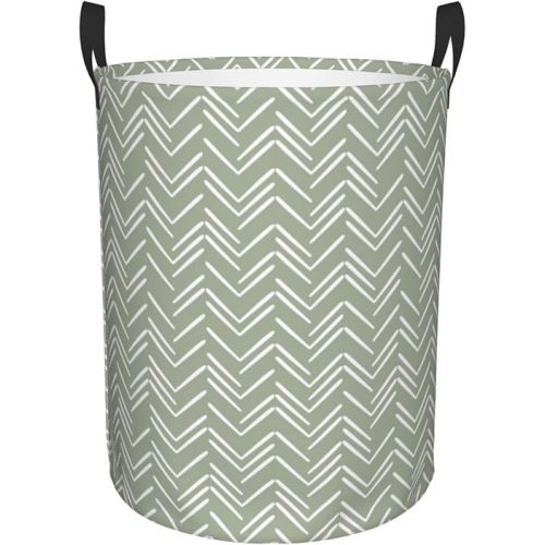 Boho Mud Cloth Chevron Pattern Sage Green Laundry Basket Waterproof Collapsible Round Laundry Hamper Toys Clothes Organizer Gift Basket For Room Medium