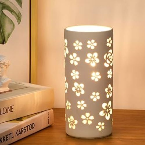 Lampwell Dana Small Table Lamp for Living Room as Bedside Table Lamp for Bedroom,Modern Ceramic Table Lamp,Kids Table Lamp,Night Table Lamp,Φ3.54×H7.87IN,Bulb Excluded,White Table Lamp,Carving Flower