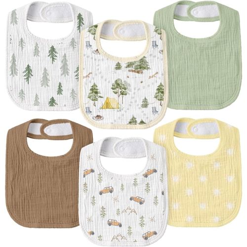 GLLQUEN BABY Muslin Drool Bibs for Boys Girls 6 Pack, Adjustable Baby Bibs for Drooling and Teething, Soft Cotton Baby Bandana Bib for Newborn Feeding Essentials (Cross-country Adventure)
