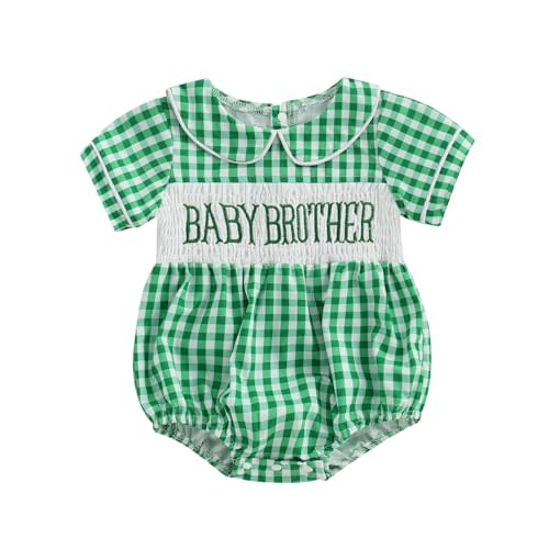 Mokoggiri Baby Brother Romper Infant Boy Letter Print Bubble Rompers Gingham Babydoll Collar Short Sleeve Smocked Bodysuit