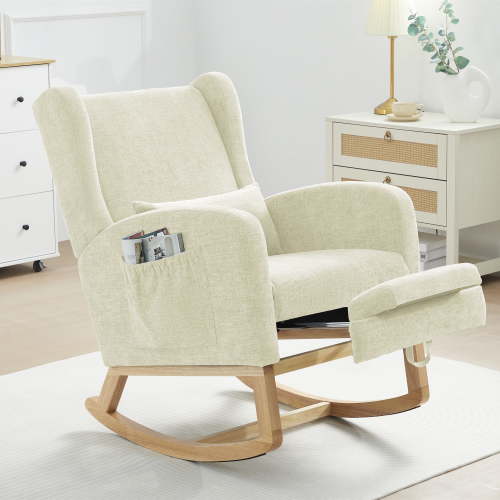JUSTLET Rocking Chair with Footrest Nursery, Modern Chenille Rocker Armchair with High Backrest and Pillow for Bedroom Baby Room, Beige