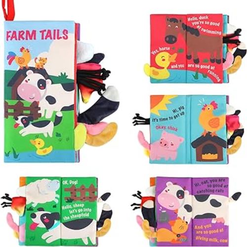 beiens Baby Books Toys, Touch and Feel Crinkle Cloth Books for Babies, Infants & Toddler, Early Development Interactive Car & Stroller Soft Toys for Boys & Girls (Farm Tails-1 Book)
