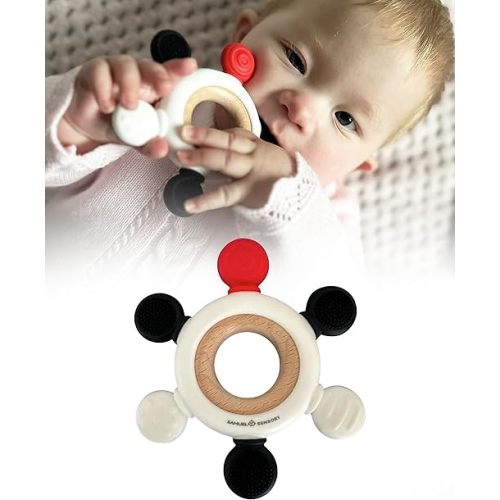 Beech Wood & Food-Grade Silicone Baby Teether Ring - Red, Black, and White - Teether Toys for Babies 0-6 Months