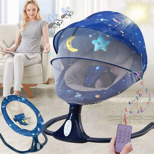 COMEONROA Electric Baby Swing for Infants, Bluetooth Swing Baby Bouncer Baby Rocker with Toys, Remote Control, Upgrade-Blue