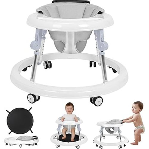 HARPPA Foldable Baby Walker with Wheels and Anti-Rollover, Sit to Stand Activity Center for Boys and Girls 6-18 Months, 5-Position Height Adjustable (White)