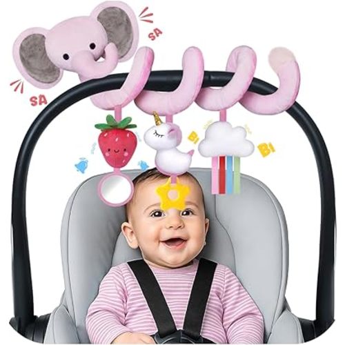 Stuffed Spiral Car Seat Toys for Baby Girls 0-6 Months, Perfect Newborn Gifts for Girls Essentials, Cute Pink Elephant Plush Items