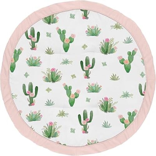 Sweet Jojo Designs Pink and Green Boho Watercolor Playmat Tummy Time Baby and Infant Play Mat for Cactus Floral Collection