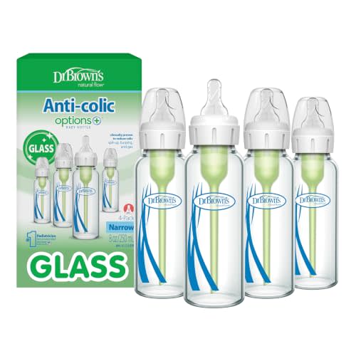 Dr. Brown's Anti-Colic Options+ Narrow Glass Baby Bottle with Level 1 Slow Flow Nipple, BPA-Free, 8 oz/250 mL, 0m+, 4-Pack (Packaging May Vary)