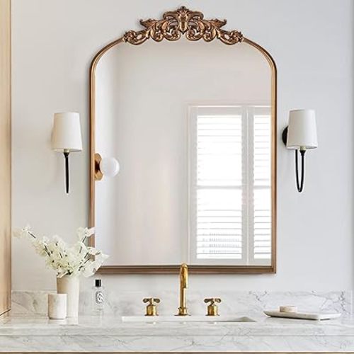 Traditional Arched Mirror, Baroque Inspired Wall Mirror, Gold Antique Mirrors, Ornate Carved Vintage Fireplace Mirrors for Bathroom Bedroom Entryway, 24"x36"