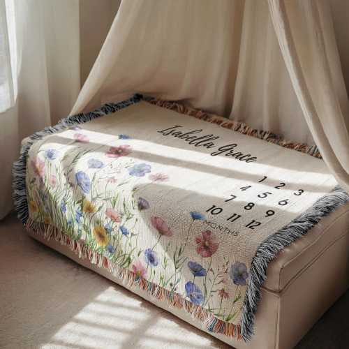 Custom Milestone Woven Blanket Girl Custom Name Blanket Wildflower New Baby Gift Girl Floral Month Blanket Personalized Baby Shower Keepsake