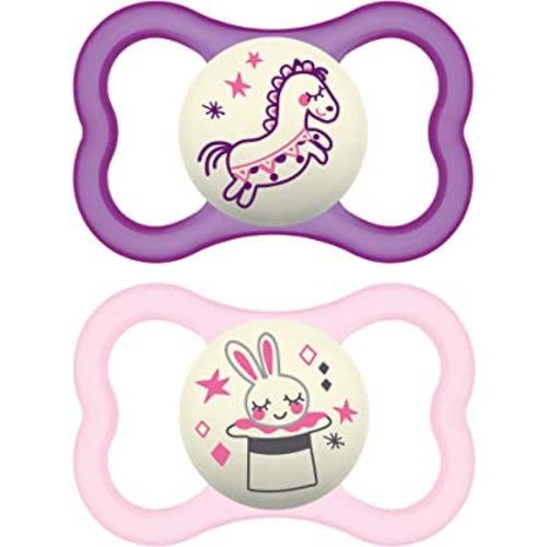 MAM Air Night Pacifiers (1 Sterilizing Pacifier Case), MAM Sensitive Skin Pacifier 6+ Months, Glow in the Dark Pacifier, Best Pacifier for Breastfed Babies, Baby Girl Pacifiers, 6-16 (Pack of 2)