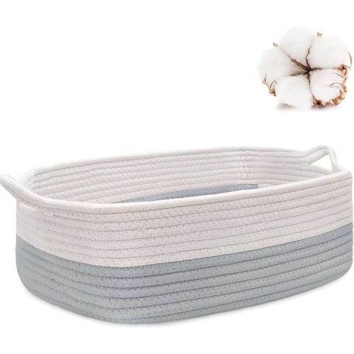 ABenkle Small Storage Basket with Handles, Cotton Rope Woven Dog Cat Toy Bin, Decorative Shelves Closet Organizing for Nursery Laundry Bedroom Bathroom, 14.2''x 11''x 5.1''